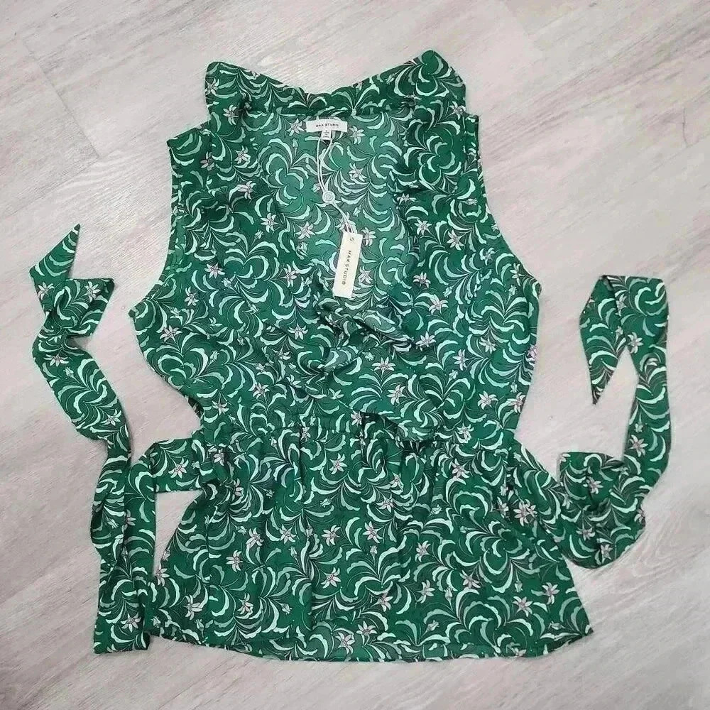 Max Studio Women's Floral Print Tie Front Ruffled Top Green Size Small